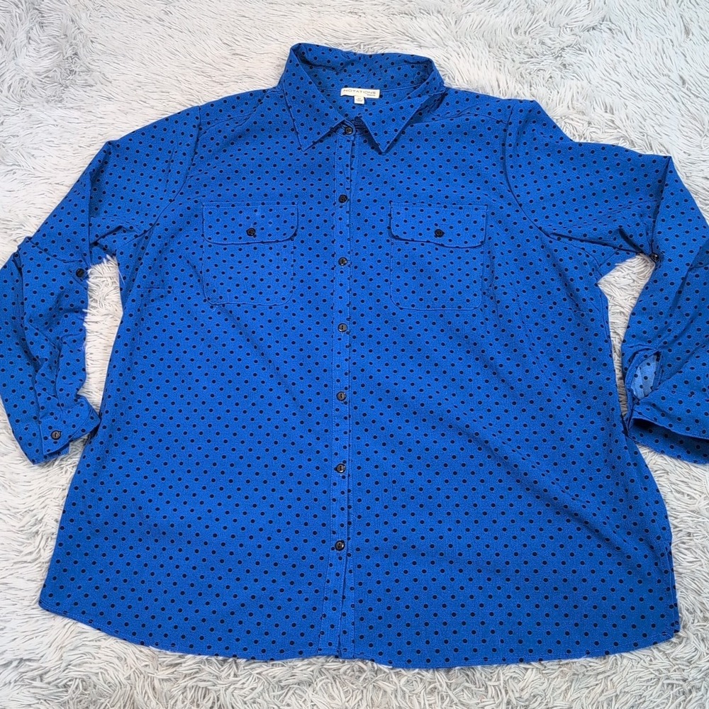 Notations Shirt Womens 3X Blue Top Button Up Casual Preppy Pockets Soft‎